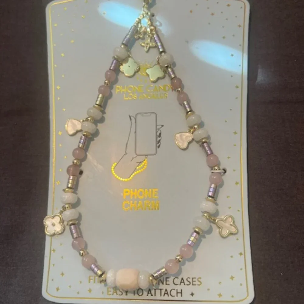 Pink‎ Beaded phone charm, lanyard-style accessory attaches to mobile phone cases
